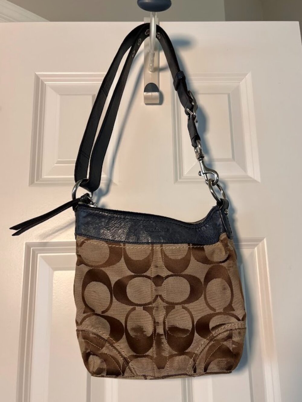 Coach Vintage Signature C Canvas & Navy Leather Crossbody Duffle Bag 10402